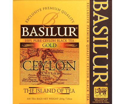 Opakowanie herbaty Basilur Gold – czarna herbata cejlońska w złotym pudełku, 100 torebek.
