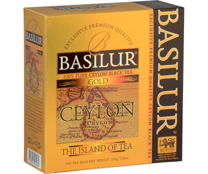 Herbata Basilur Gold – złote opakowanie z mapą Cejlonu, 100 torebek herbaty.