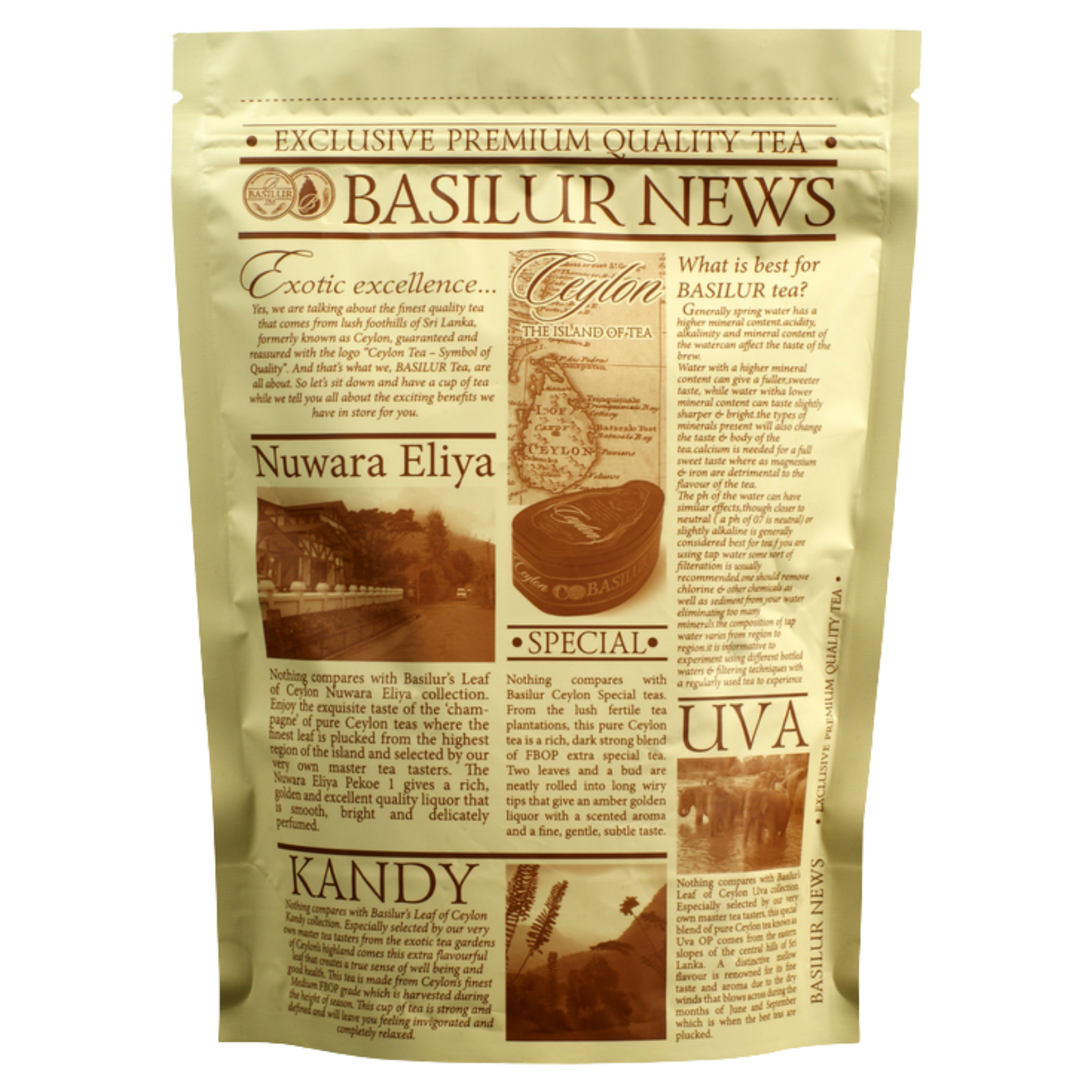 Opakowanie herbaty Basilur Uva z serii Basilur News z opisem regionów Cejlonu.