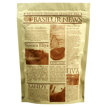 Opakowanie herbaty Basilur Uva z serii Basilur News z opisem regionów Cejlonu.