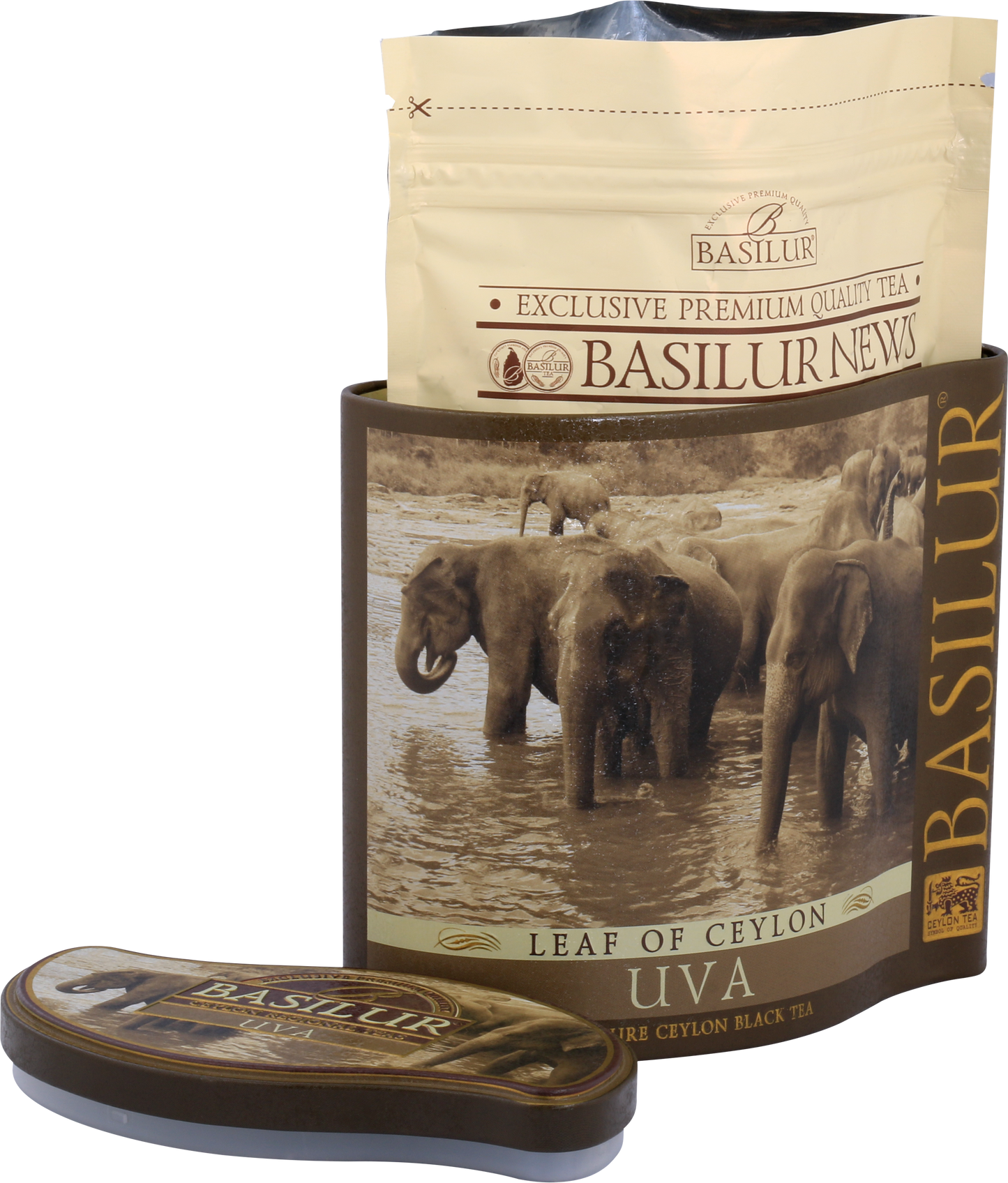 Otwarte opakowanie herbaty Basilur Uva z wewnętrzną torebką i metalową puszką.