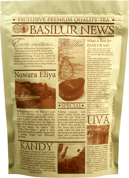 Opakowanie herbaty Basilur Uva z serii Basilur News z opisem regionów Cejlonu.