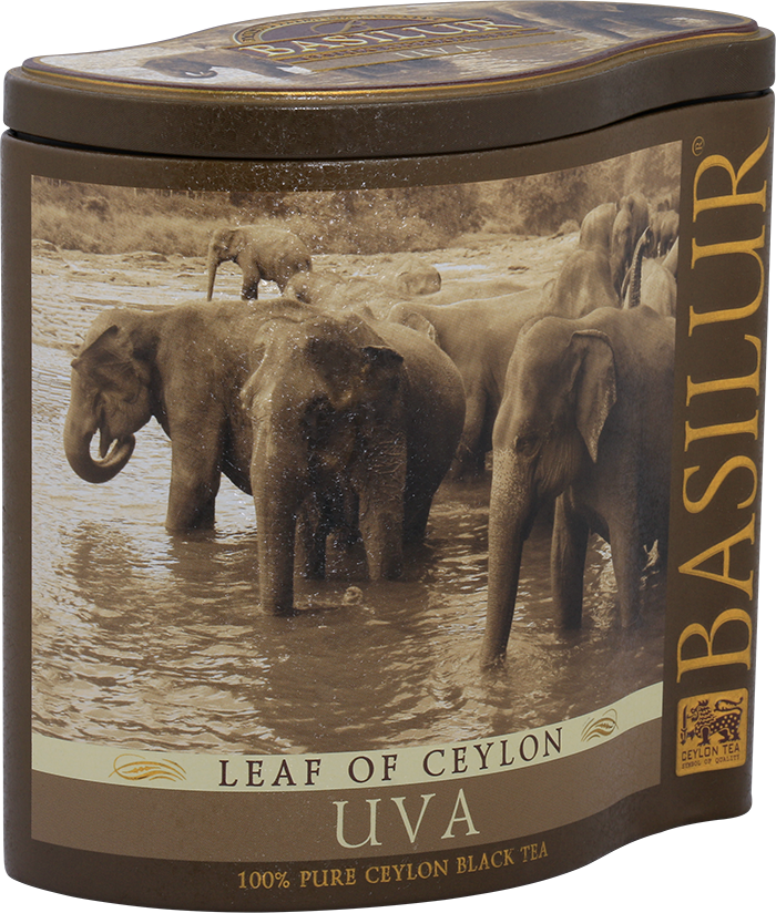 Metalowa puszka herbaty Basilur Uva z motywem słoni w rzece.