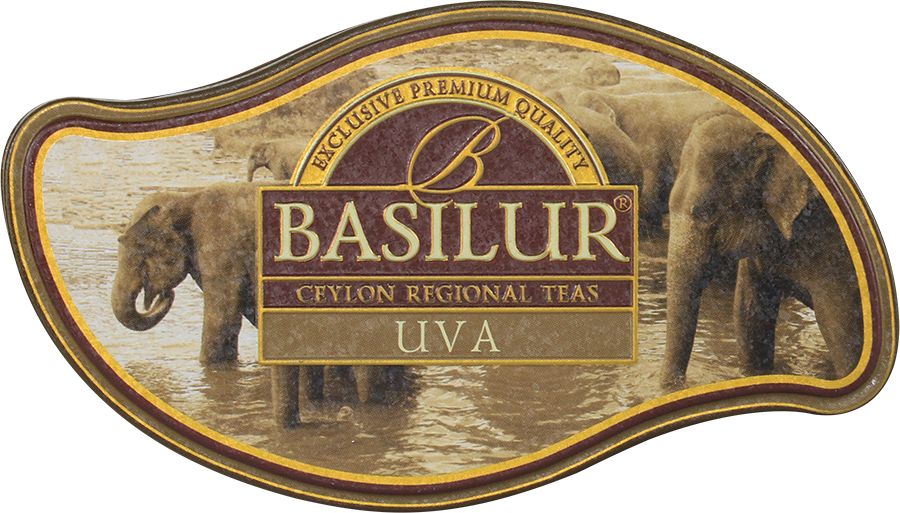 Pokrywka puszki Basilur Uva z grafiką słoni w sepii.