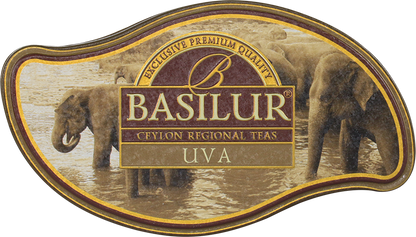 Pokrywka puszki Basilur Uva z grafiką słoni w sepii.