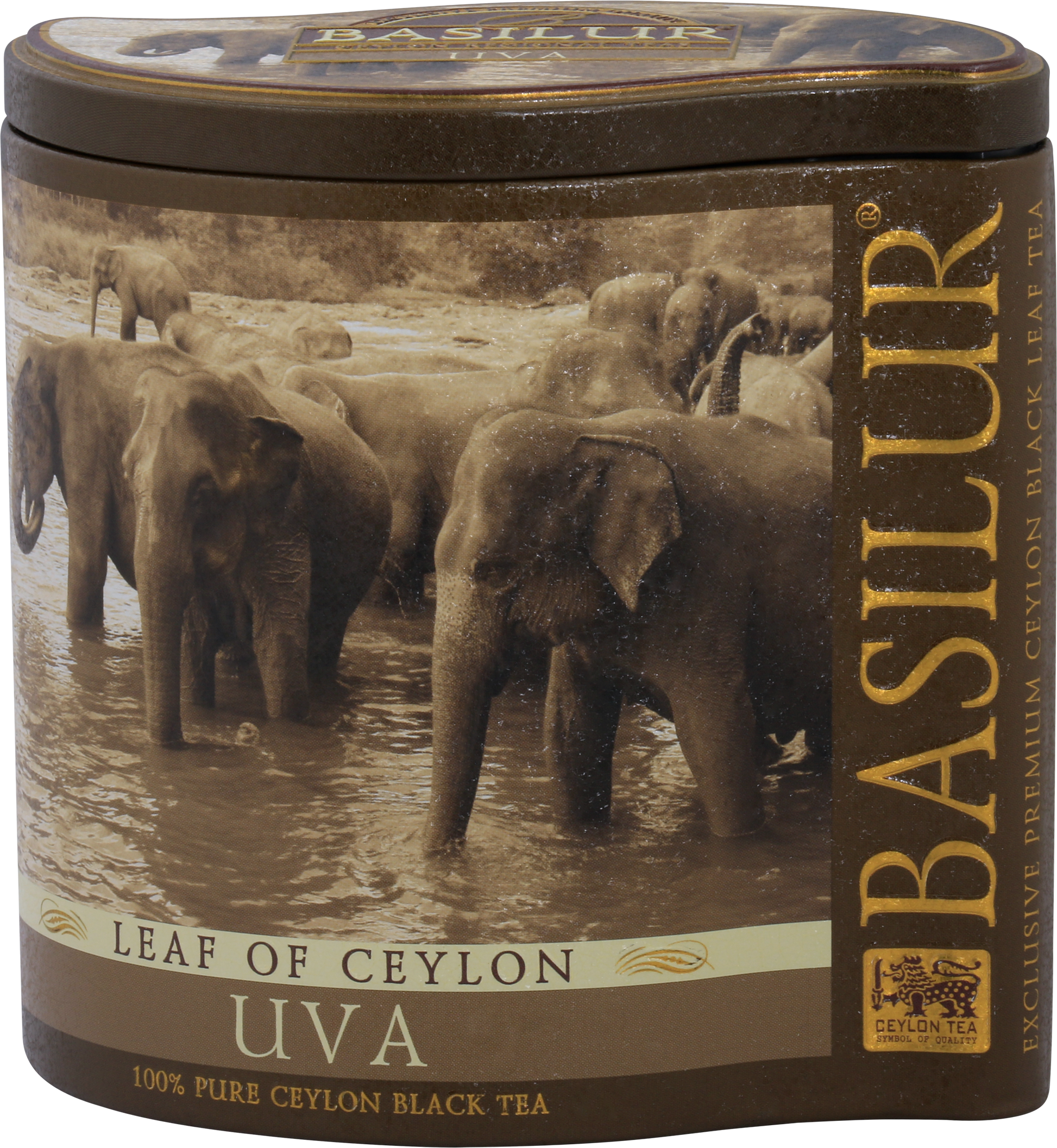 Herbata Basilur Uva w eleganckiej brązowej puszce z grafiką słoni, czarna herbata cejlońska.