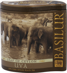 Herbata Basilur Uva w eleganckiej brązowej puszce z grafiką słoni, czarna herbata cejlońska.