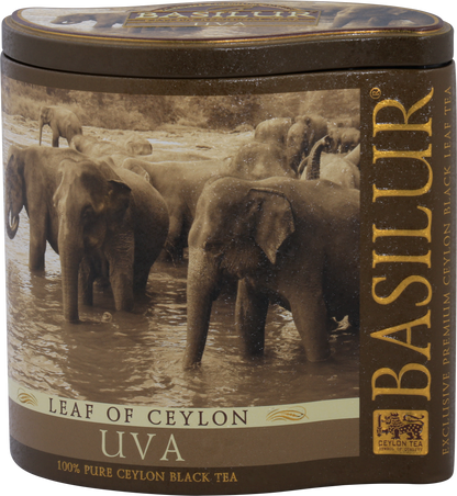 Herbata Basilur Uva w eleganckiej brązowej puszce z grafiką słoni, czarna herbata cejlońska.