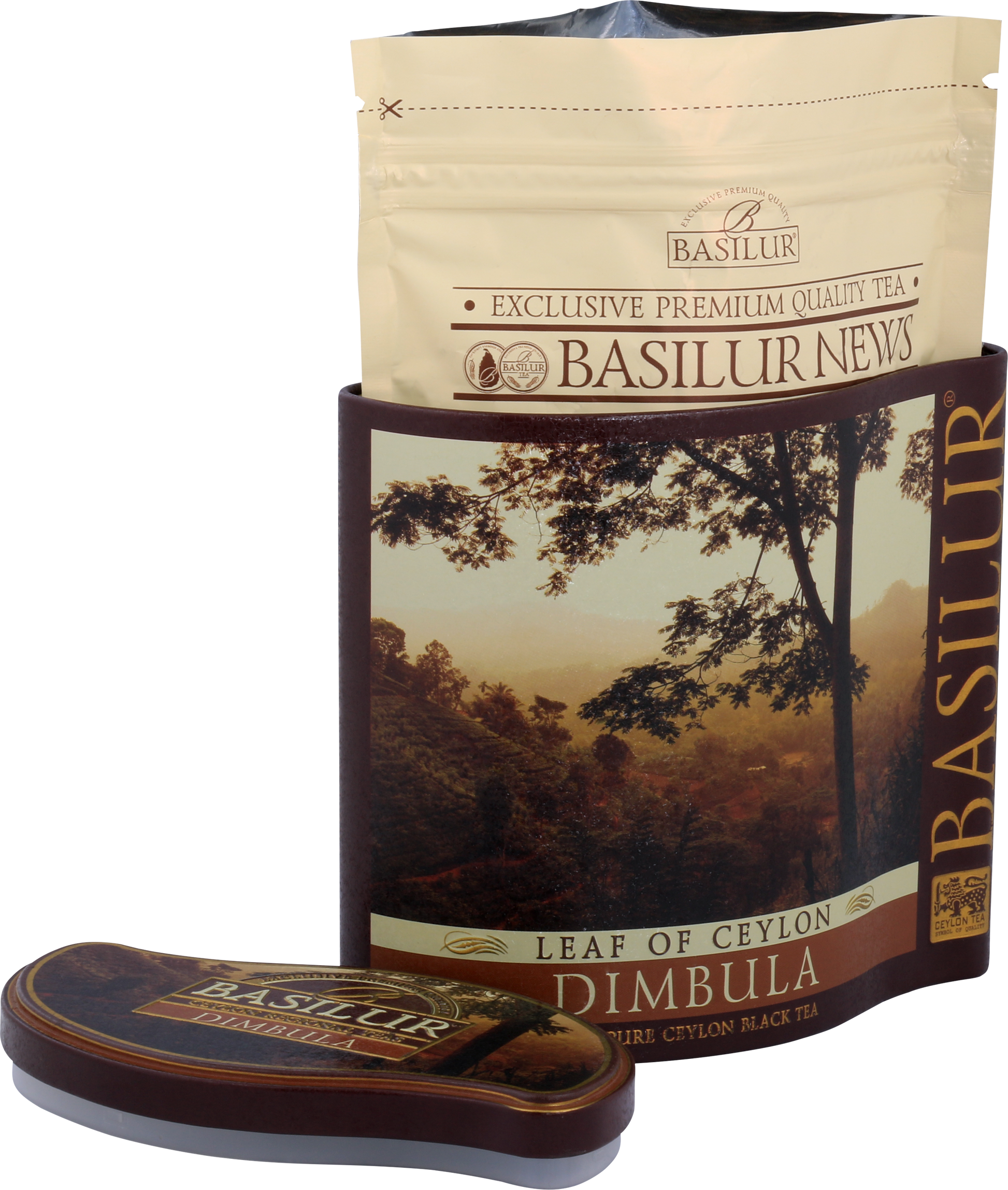 Otwarte opakowanie herbaty Basilur Dimbula z wewnętrzną torebką i metalową puszką.