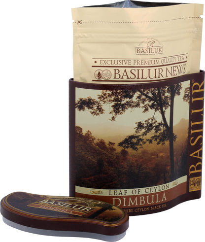 Otwarte opakowanie herbaty Basilur Dimbula z wewnętrzną torebką i metalową puszką.