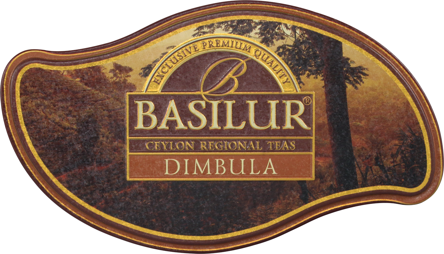 Pokrywka puszki Basilur Dimbula z logo marki i krajobrazem regionu.