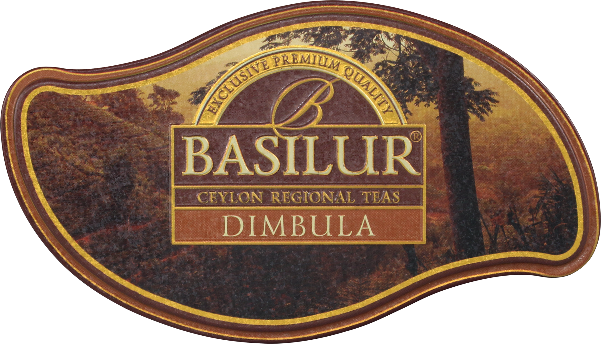 Pokrywka puszki Basilur Dimbula z logo marki i krajobrazem regionu.