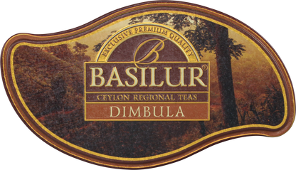 Pokrywka puszki Basilur Dimbula z logo marki i krajobrazem regionu.