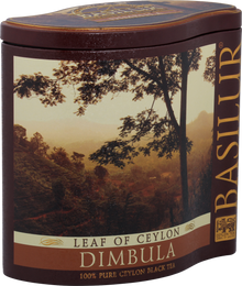 Elegancka puszka herbaty Basilur Dimbula – czarna herbata cejlońska w stylowym opakowaniu.