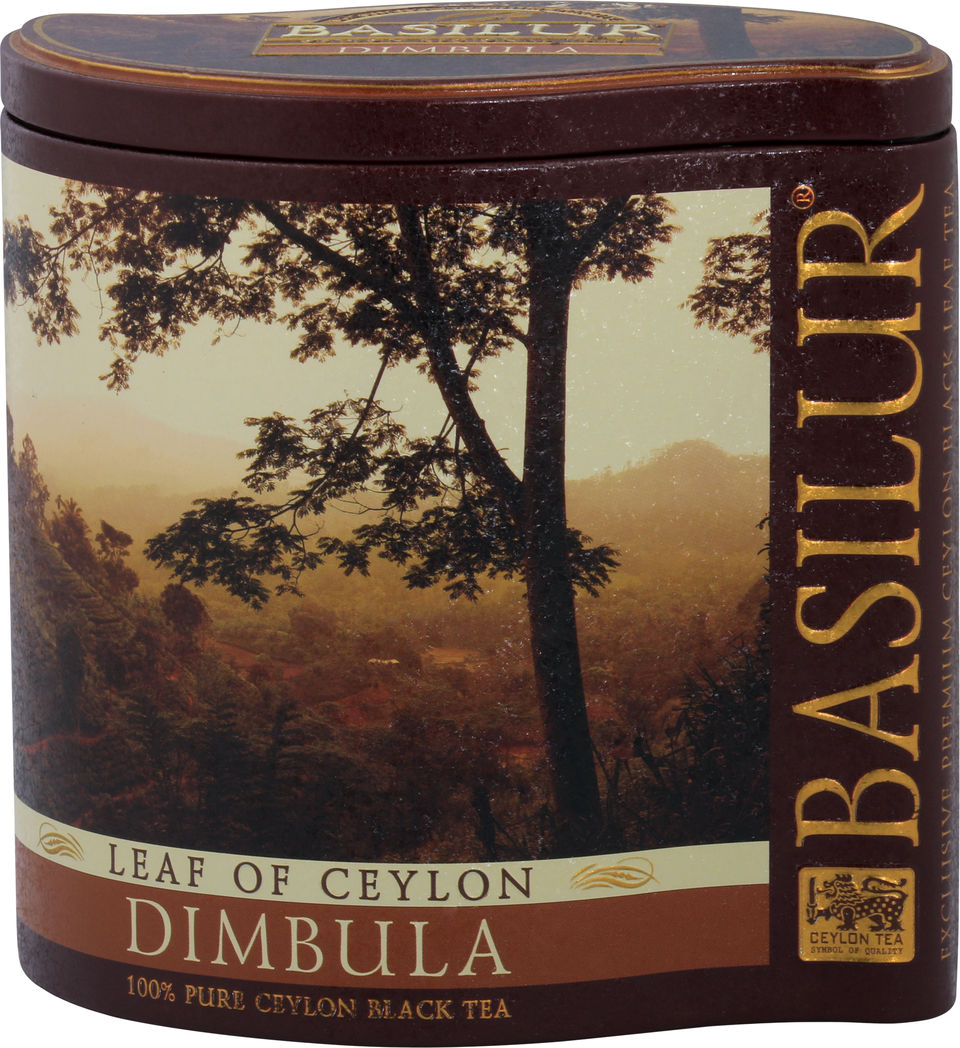 Puszka herbaty Basilur Dimbula z widokiem na cejlońskie wzgórza.