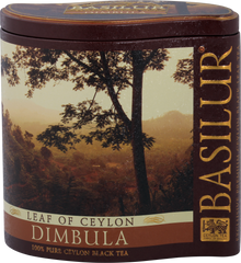 Puszka herbaty Basilur Dimbula z widokiem na cejlońskie wzgórza.