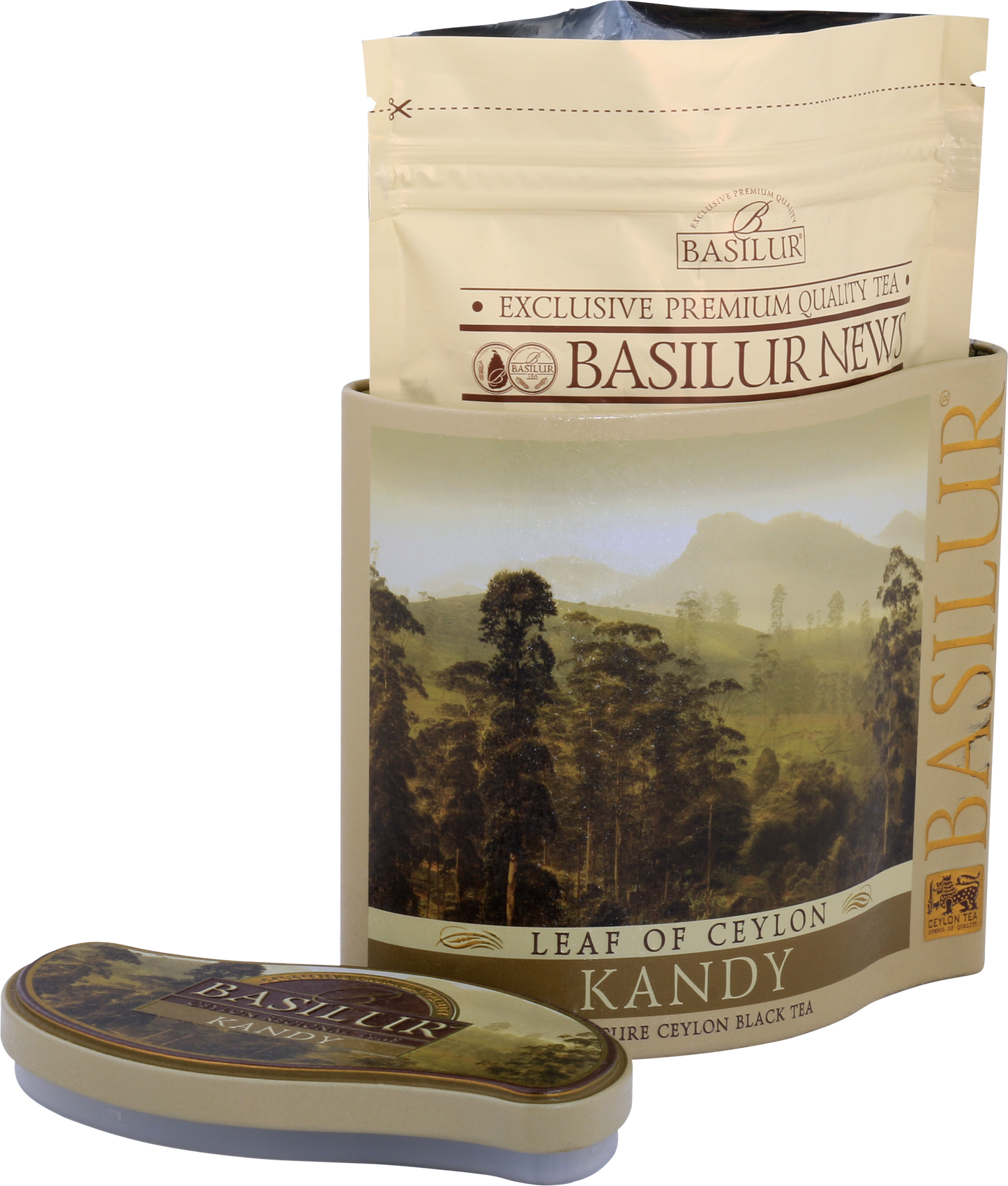 Otwarte opakowanie herbaty Basilur Kandy z wewnętrzną torebką i metalową puszką.