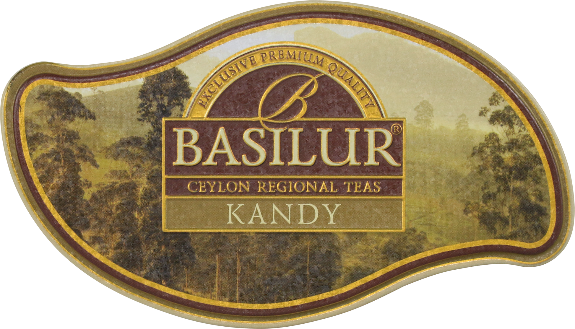 Pokrywka puszki Basilur Kandy z logo i grafiką cejlońskich wzgórz.