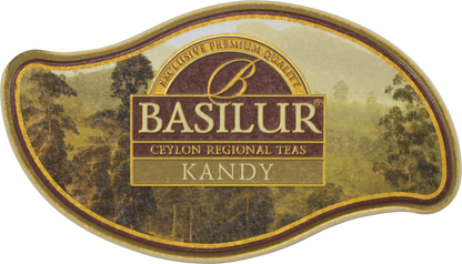 Pokrywka puszki Basilur Kandy z logo i grafiką cejlońskich wzgórz.