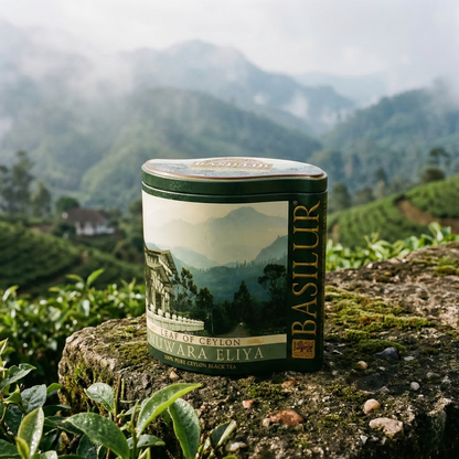 Puszka herbaty Basilur Nuwara Eliya na tle górskich plantacji herbaty na Cejlonie, zielony krajobraz i mgła w tle.