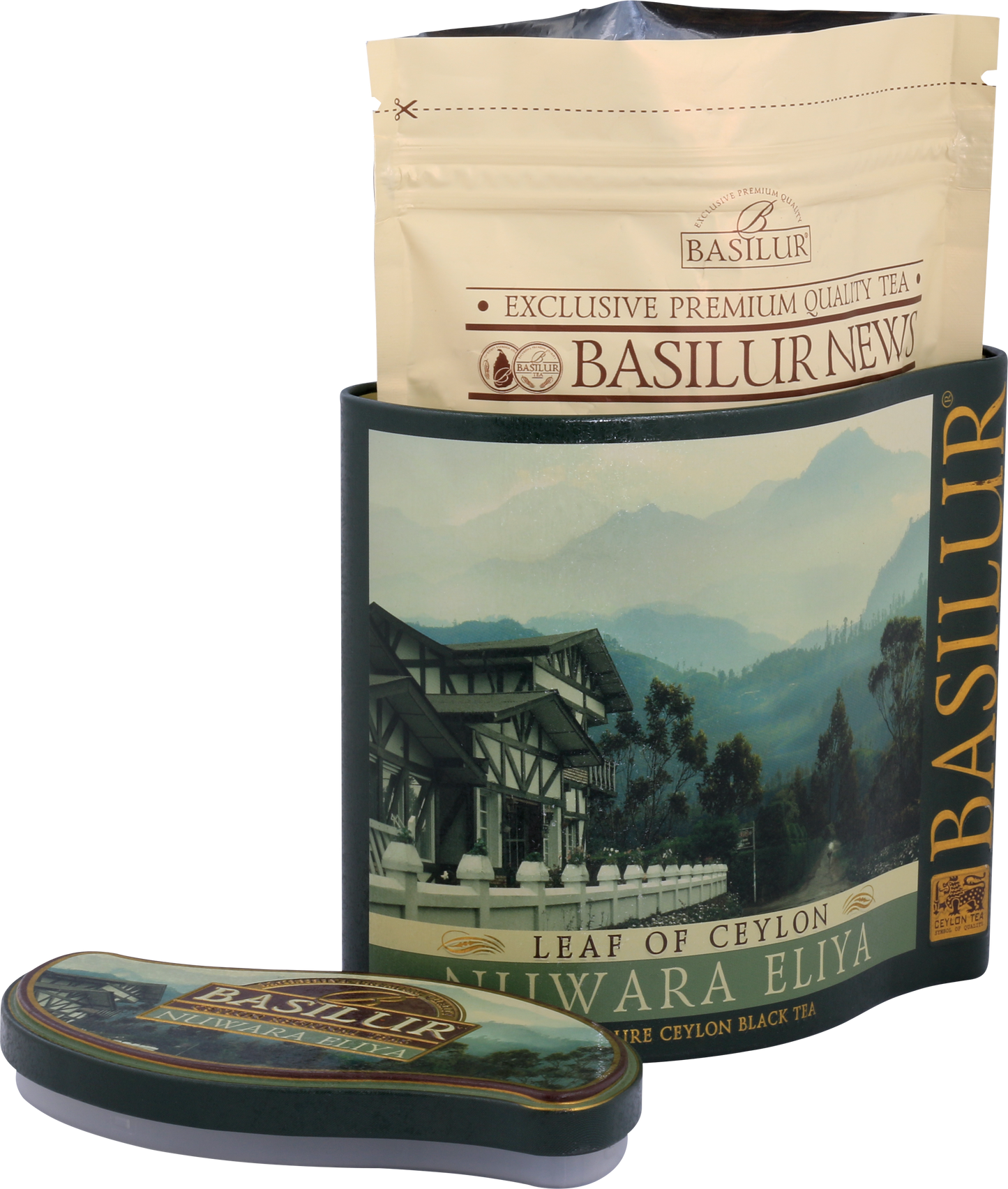 Otwarte opakowanie herbaty Basilur Nuwara Eliya z wewnętrzną torebką.