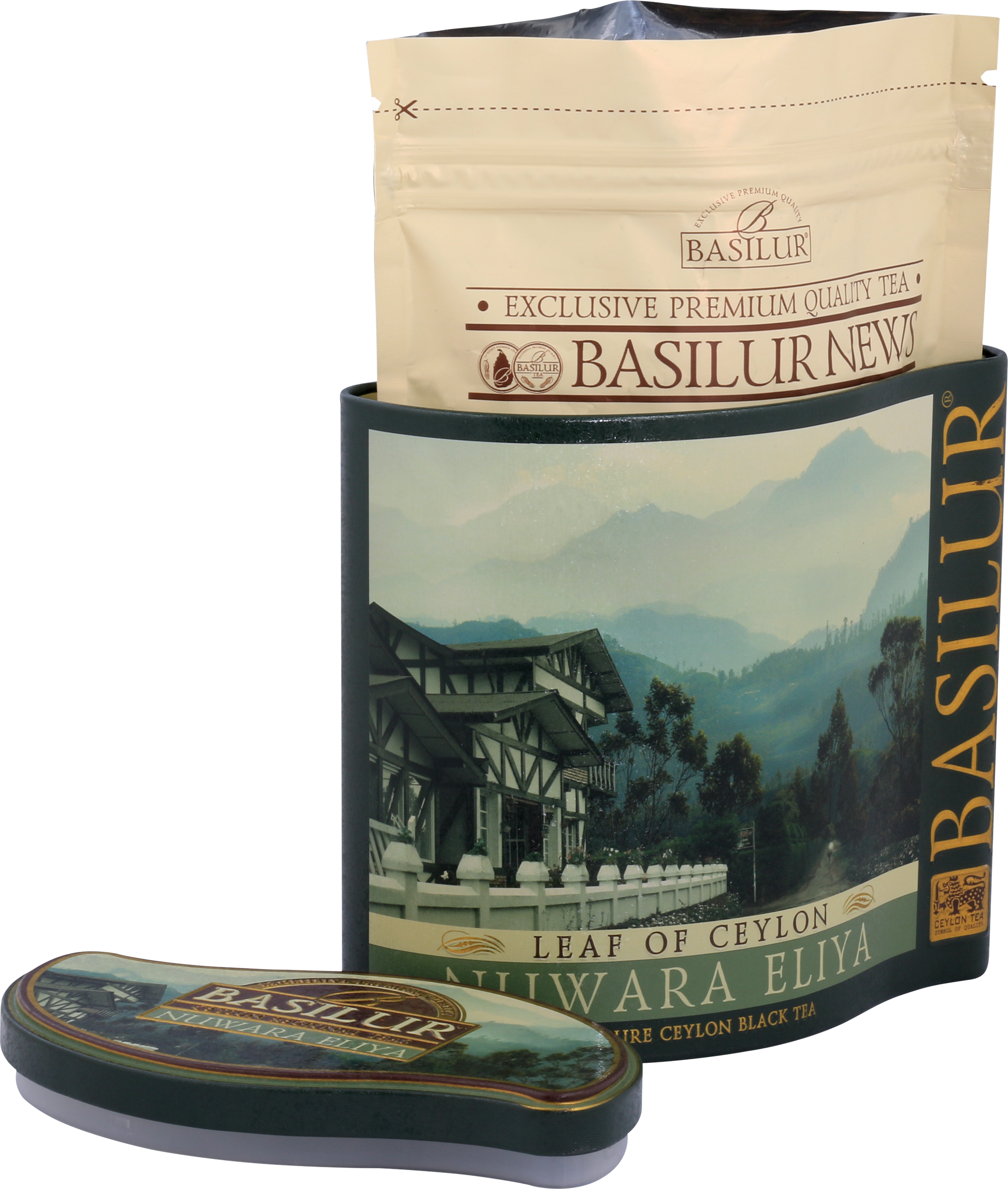 Otwarte opakowanie herbaty Basilur Nuwara Eliya z wewnętrzną torebką.