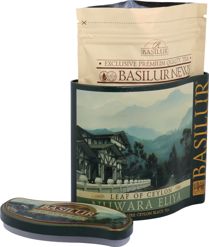 Otwarte opakowanie herbaty Basilur Nuwara Eliya z wewnętrzną torebką.