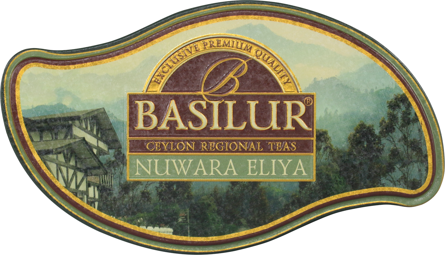 Pokrywka puszki Basilur Nuwara Eliya z logo marki i krajobrazem gór.