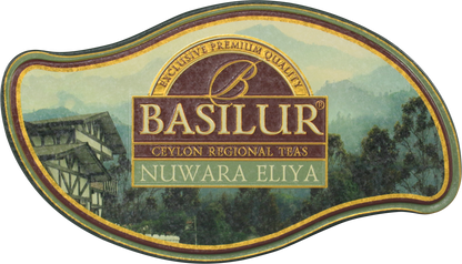 Pokrywka puszki Basilur Nuwara Eliya z logo marki i krajobrazem gór.