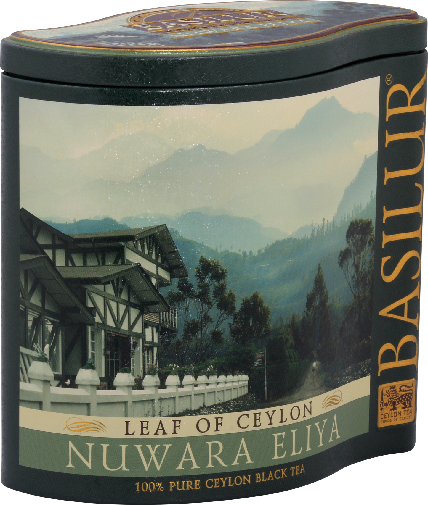 Metalowa puszka Basilur Nuwara Eliya z widokiem na plantacje herbaty w górach Sri Lanki.