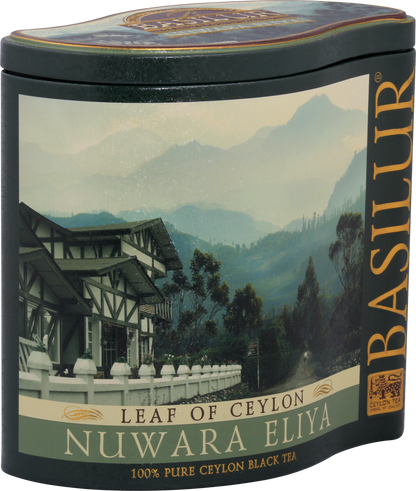 Metalowa puszka Basilur Nuwara Eliya z widokiem na plantacje herbaty w górach Sri Lanki.