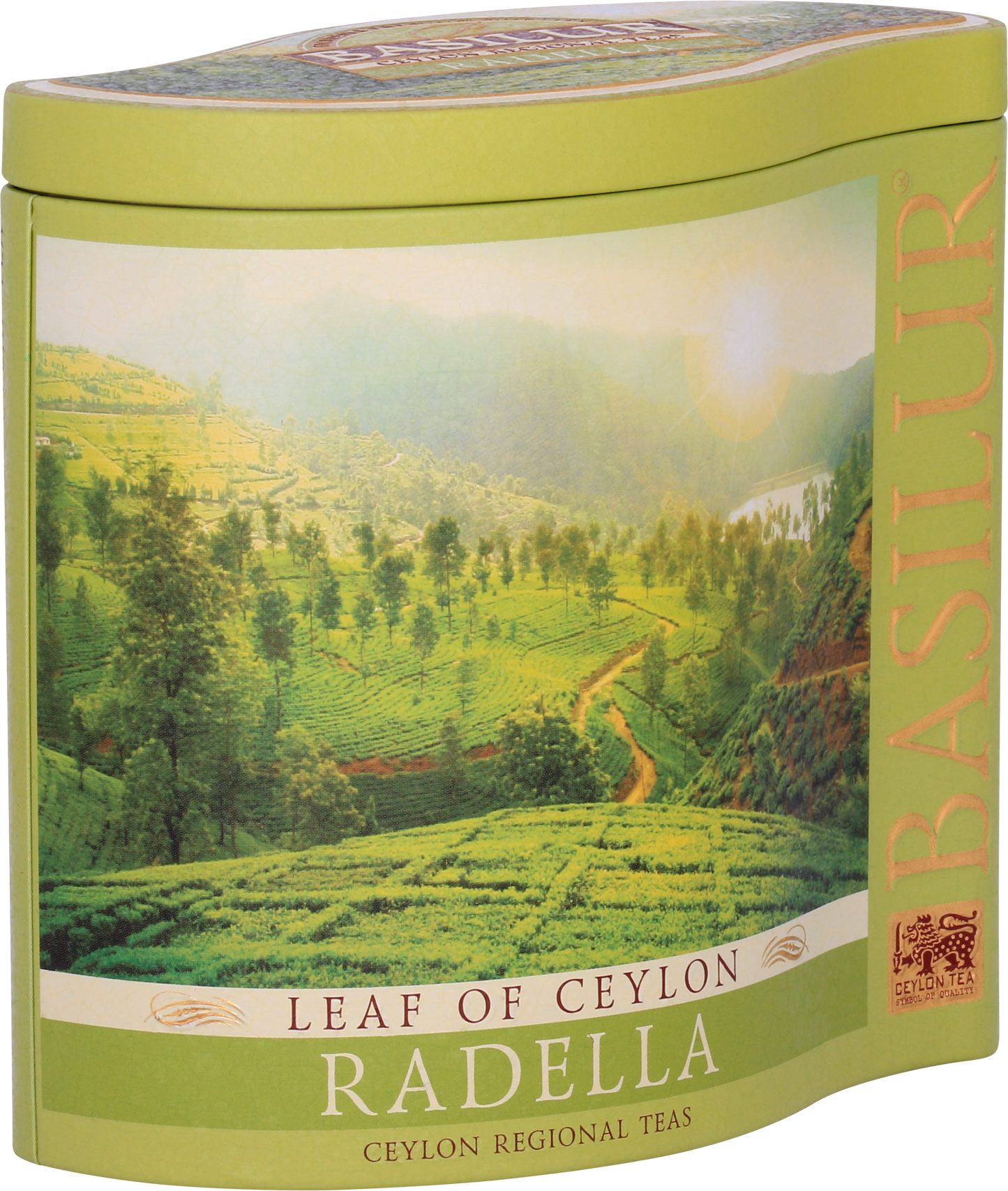 Opakowanie boczne herbaty Basilur Radella Green z cejlońskimi plantacjami.
