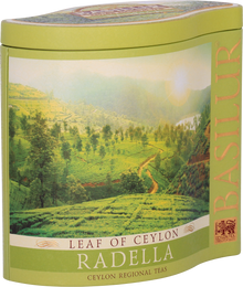 Opakowanie boczne herbaty Basilur Radella Green z cejlońskimi plantacjami.