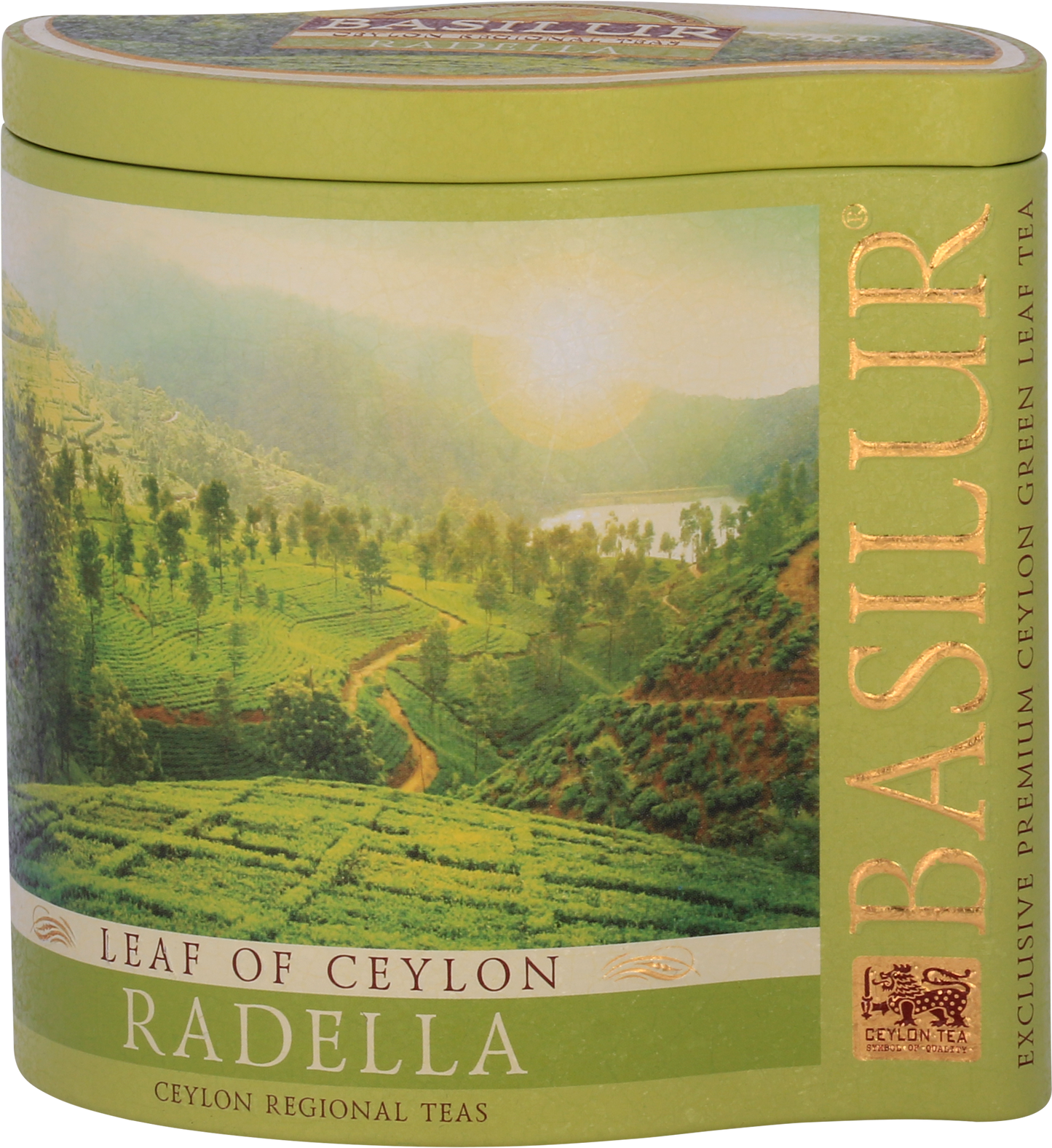 Front puszki Basilur Radella Green z krajobrazem plantacji herbacianych.