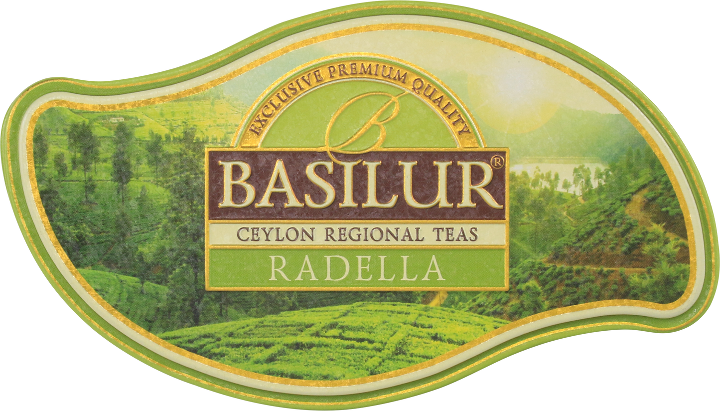 Pokrywka puszki Basilur Radella Green z logo marki.