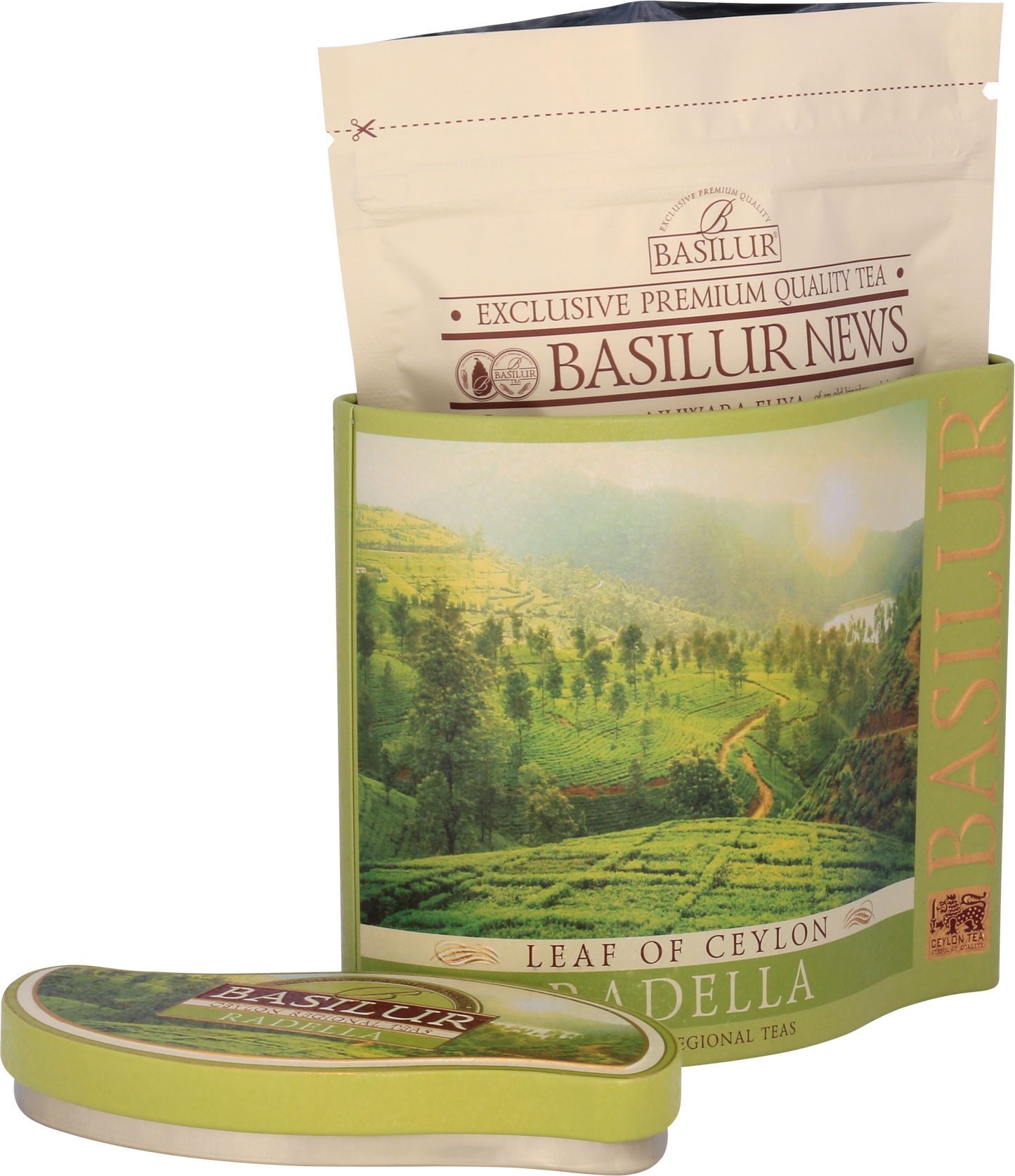 Herbata Basilur Radella Green w eleganckim metalowym opakowaniu.