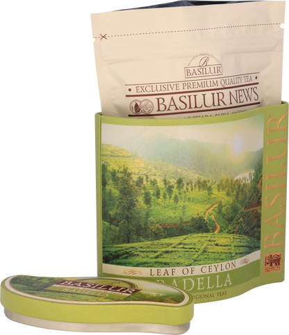 Herbata Basilur Radella Green w eleganckim metalowym opakowaniu.