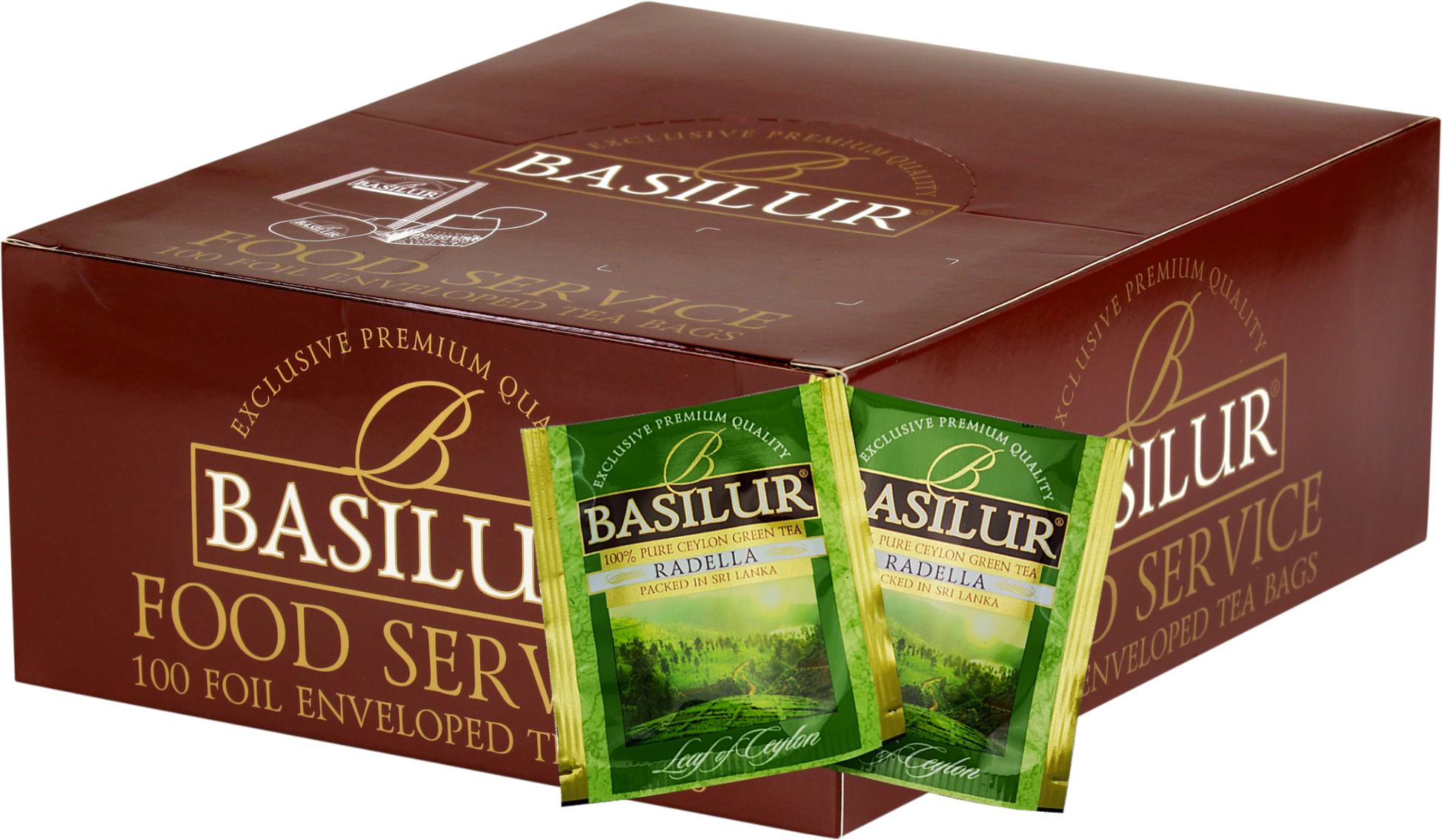Opakowanie Basilur Radella Food Service z kopertami zielonej herbaty cejlońskiej, wysokiej jakości herbata liściasta 100 x 1,5 g.