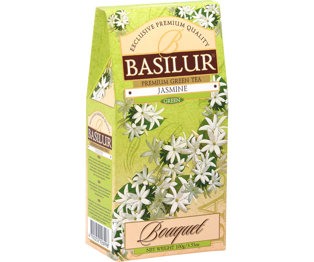 Bok pudełka Basilur Jasmine z informacjami o herbacie.