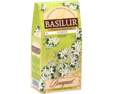 Bok pudełka Basilur Jasmine z informacjami o herbacie.