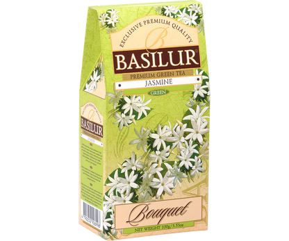 Bok pudełka Basilur Jasmine z informacjami o herbacie.