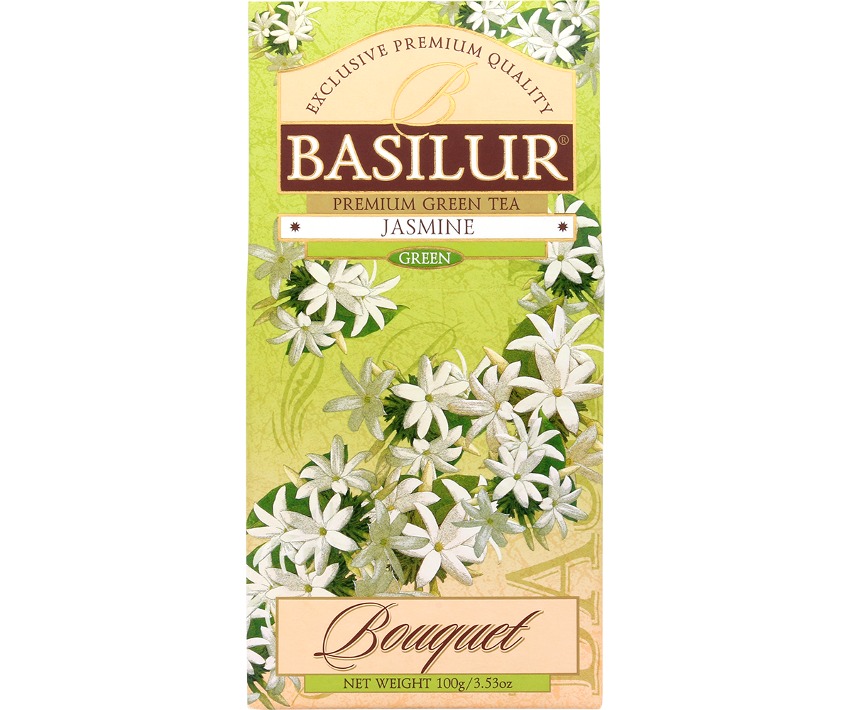 Przód opakowania Basilur Jasmine z motywem białych kwiatów.