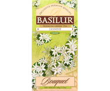 Przód opakowania Basilur Jasmine z motywem białych kwiatów.