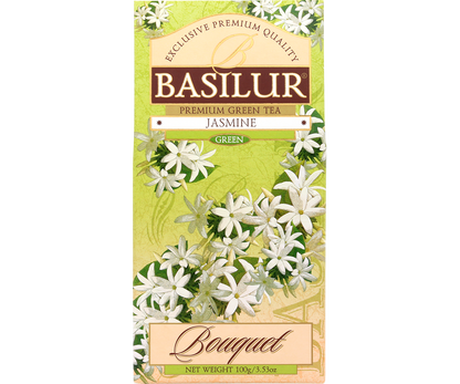 Przód opakowania Basilur Jasmine z motywem białych kwiatów.