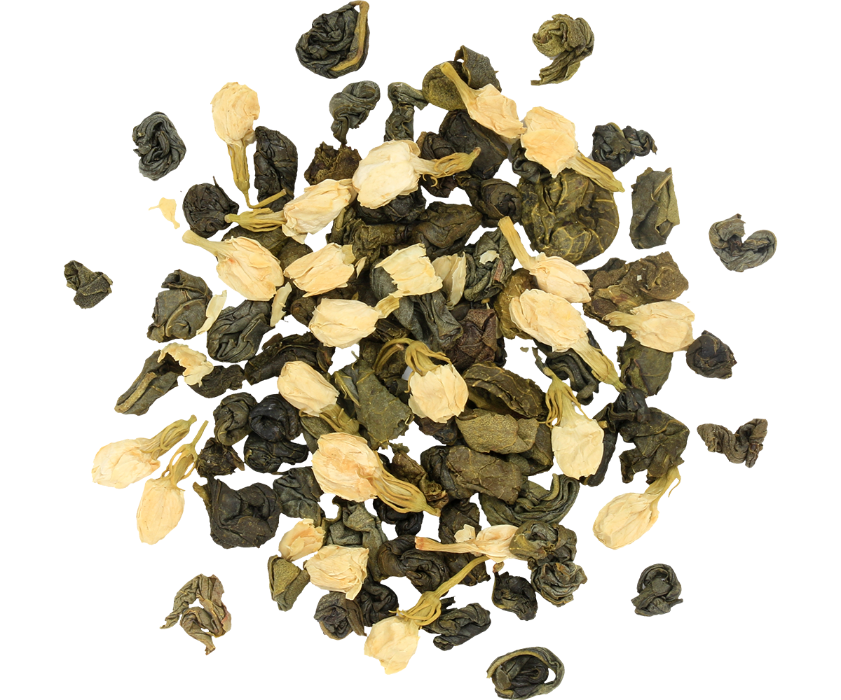 Liście zielonej herbaty z dodatkiem kwiatów jaśminu.