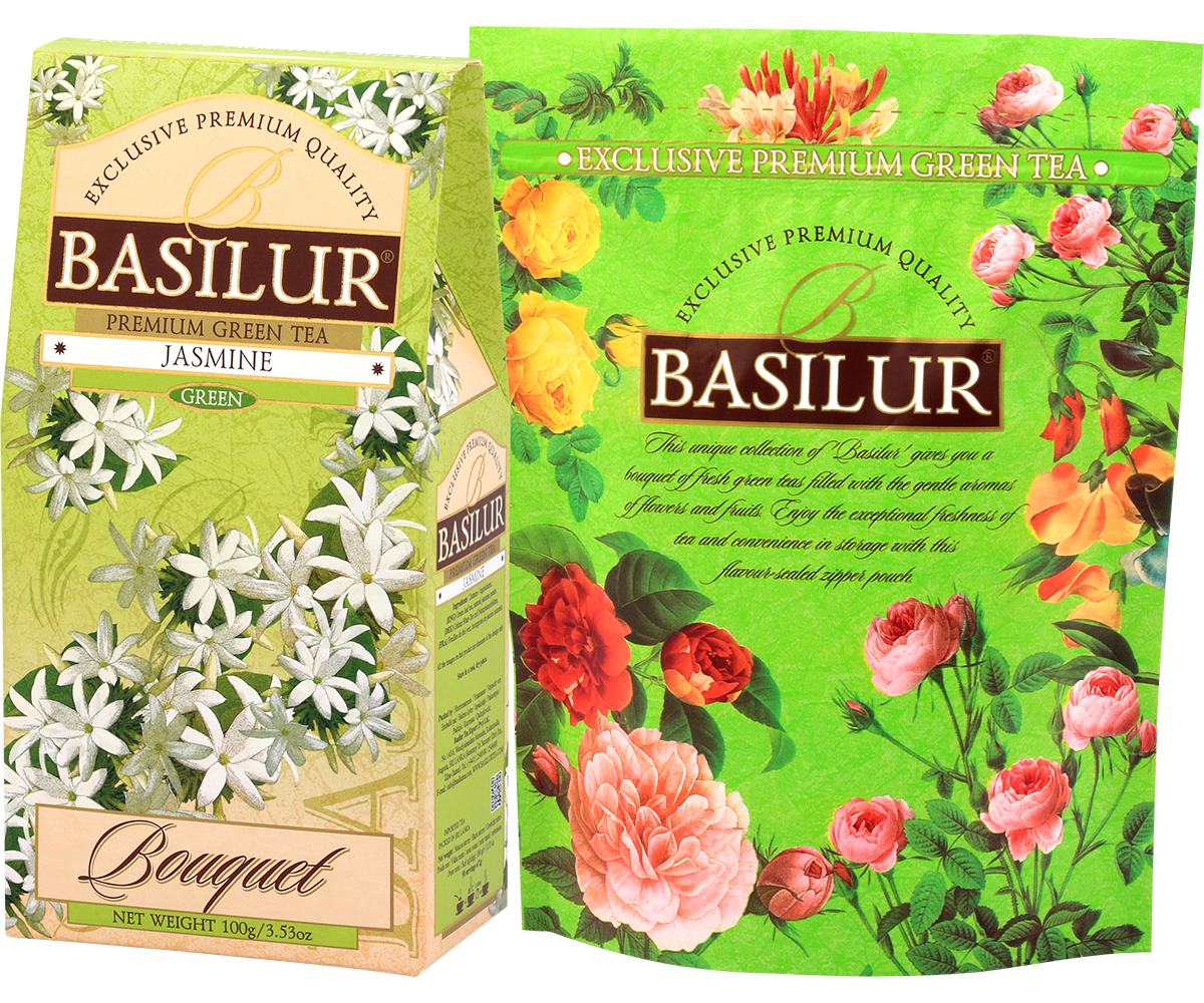 Herbata Basilur Jasmine – zielona herbata jaśminowa w opakowaniu z serii Bouquet.