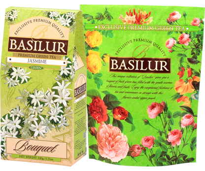 Herbata Basilur Jasmine – zielona herbata jaśminowa w opakowaniu z serii Bouquet.