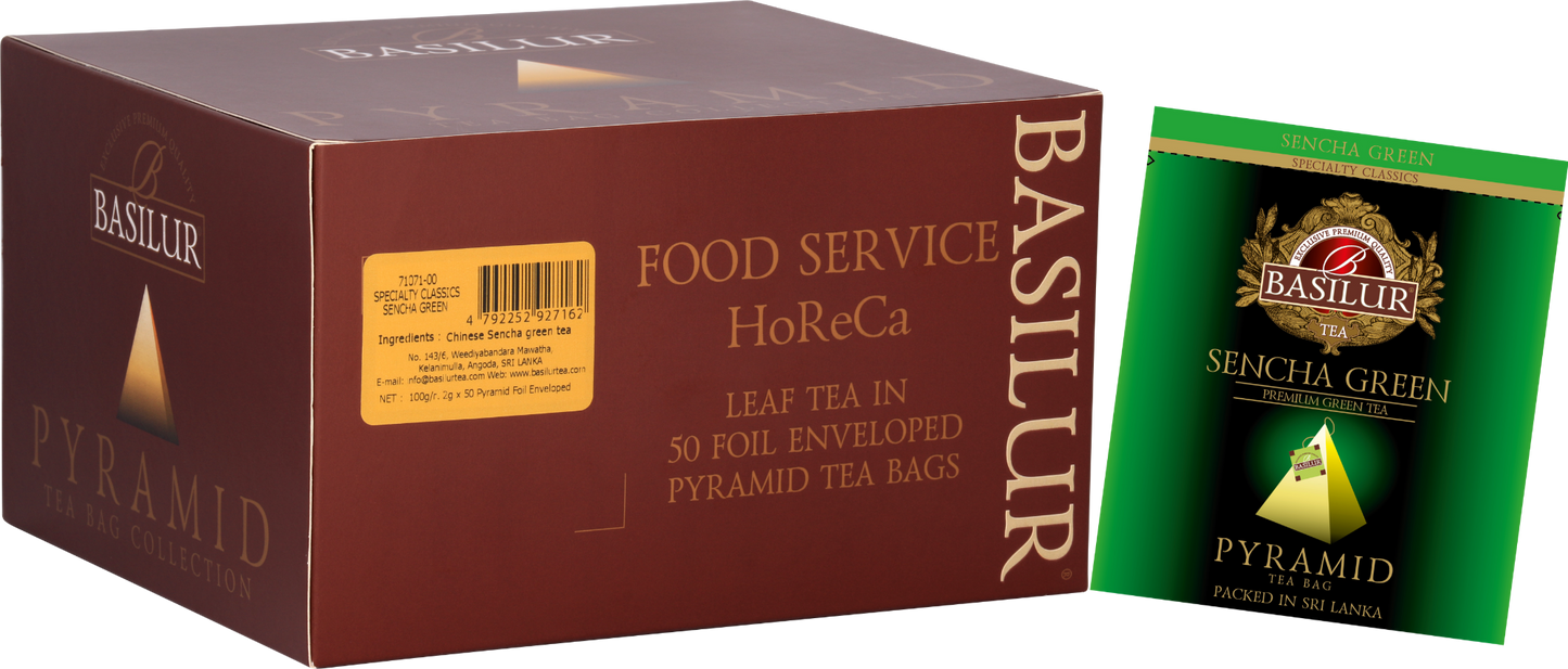 Opakowanie Basilur Sencha Classic piramidki refill – zielona herbata w 50 torebkach.