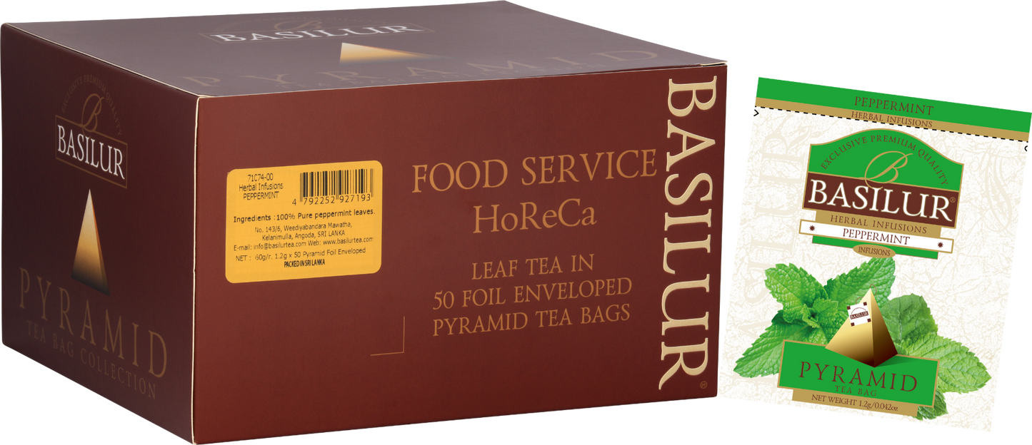 Opakowanie Basilur Peppermint – ziołowa herbata w piramidkach o smaku mięty pieprzowej, idealna do gastronomii.