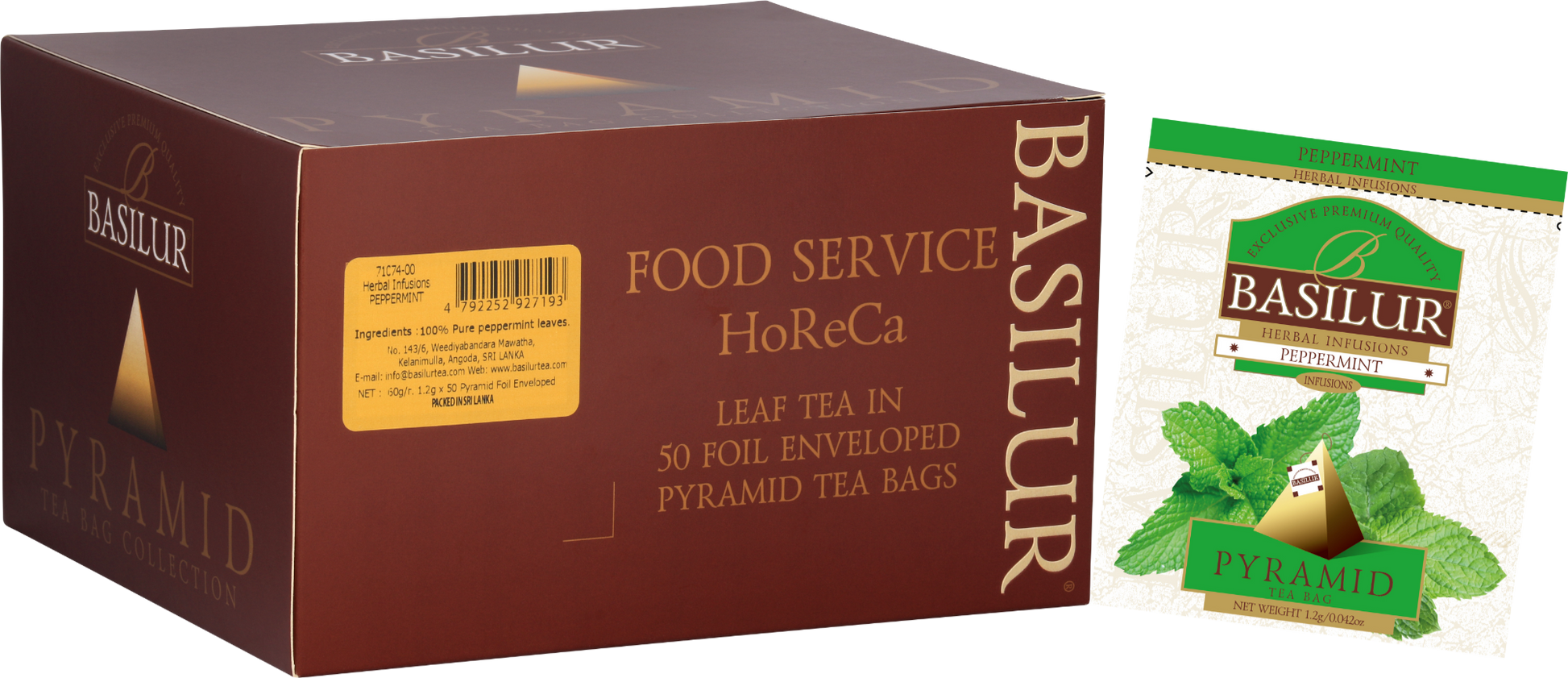 Opakowanie Basilur Peppermint – ziołowa herbata w piramidkach o smaku mięty pieprzowej, idealna do gastronomii.